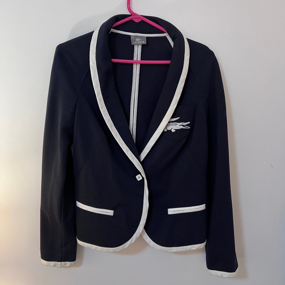 VTG Lacoste Women's Navy Blue Knit Blazer Jacket Sz 40 (US 8) Shawl Collar Croc